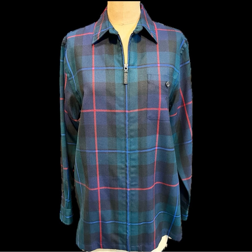 VINTAGE Ralph Lauren tartan wool dark plaid zipper front lightweight jacket coat